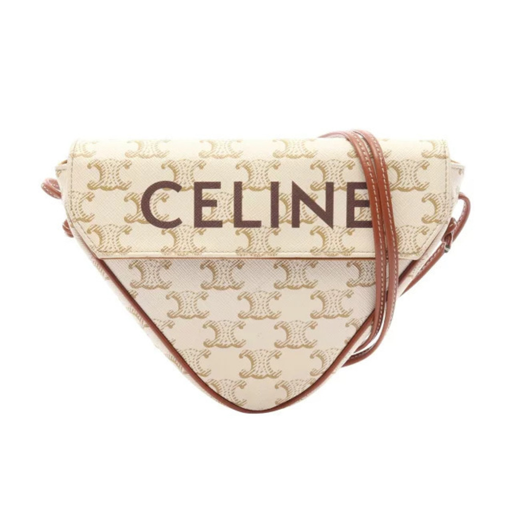 Celine Triomphe Triangle Shoulder Bag Canvas Leather Ivory White Brown